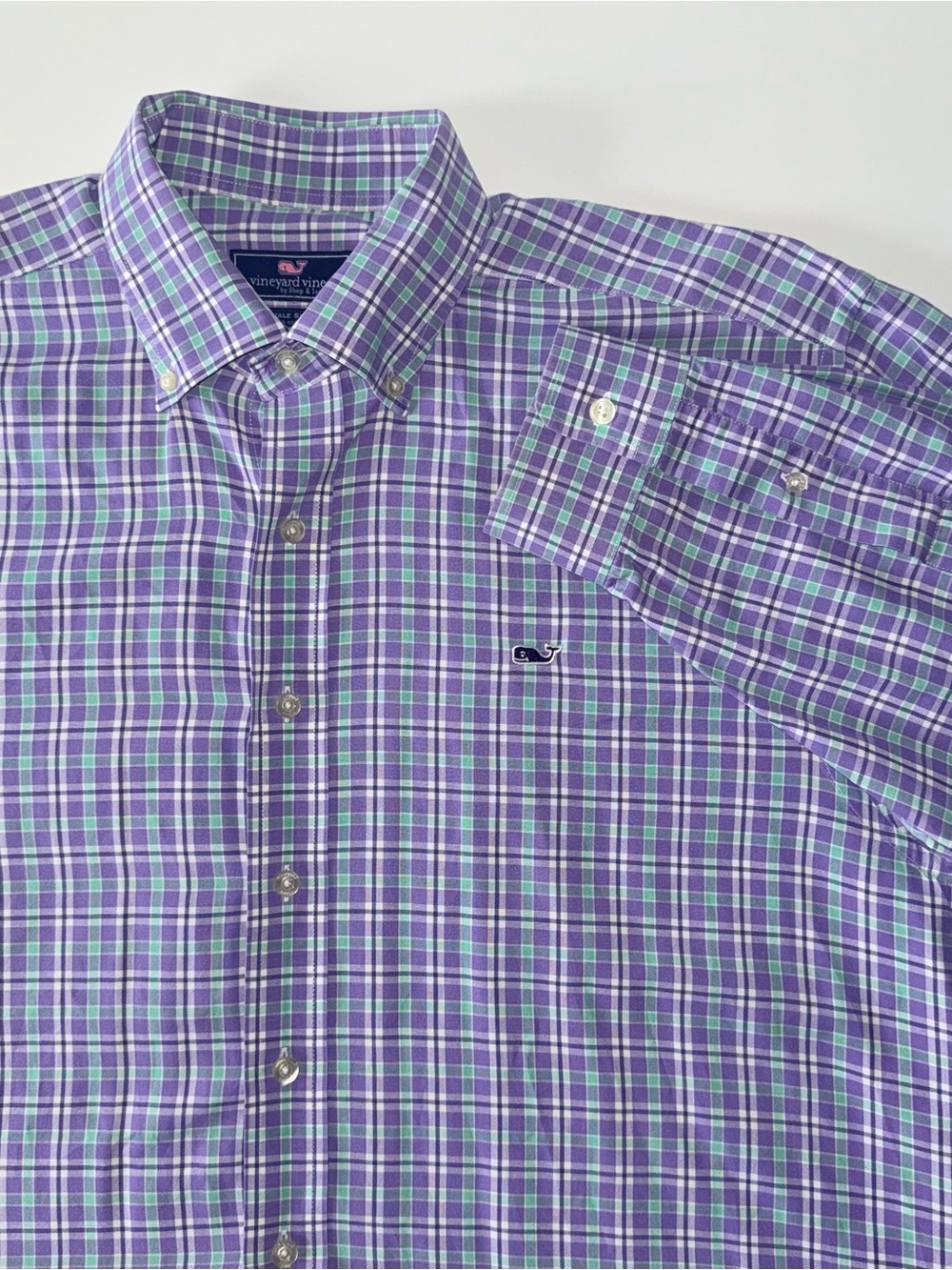 Vineyard Vines Whale Button Down Shirt Men’s L Purple Green Cotton Check